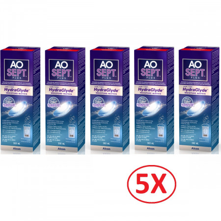 AOSEPT PLUS con HydraGlyde - 5 CONFEZIONI (da 360ml) - Soluzione a base di perossido per la manutenzione delle lenti a contatto - AO SEPT PLUS